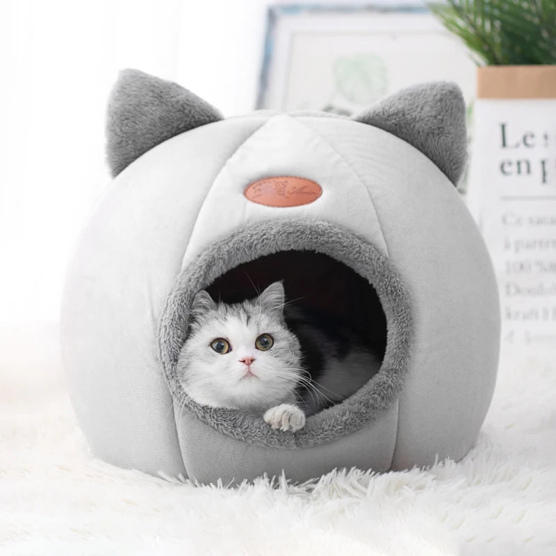 Cozy Winter Cat Cave Bed With Removable Cushion