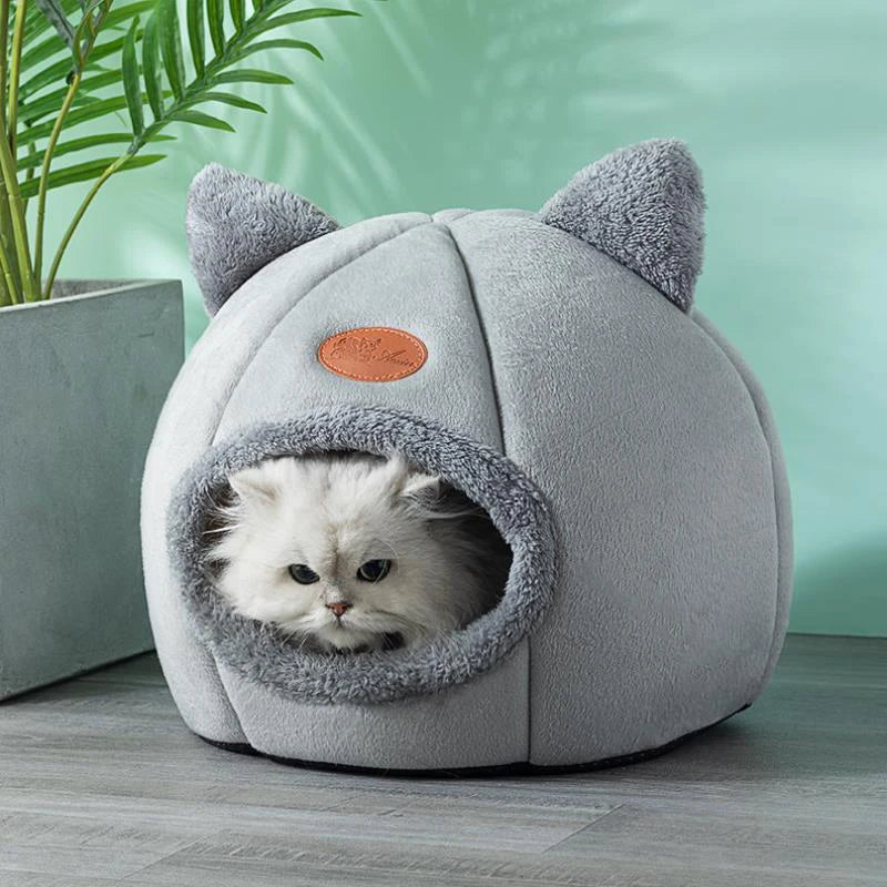 Cozy Winter Cat Cave Bed With Removable Cushion