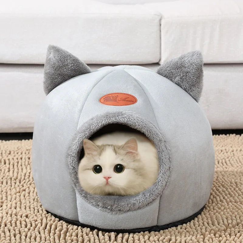 Cozy Winter Cat Cave Bed With Removable Cushion