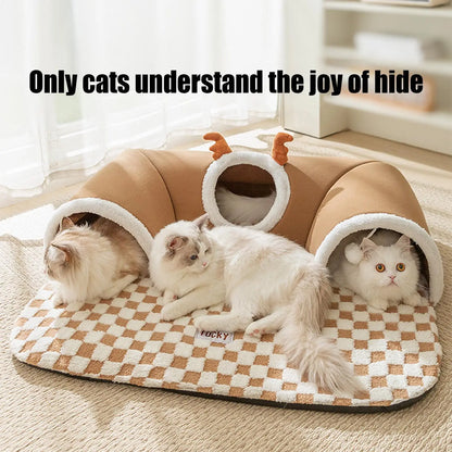 Cat Tunnel Bed House with Plush Mat for Indoor Kittens