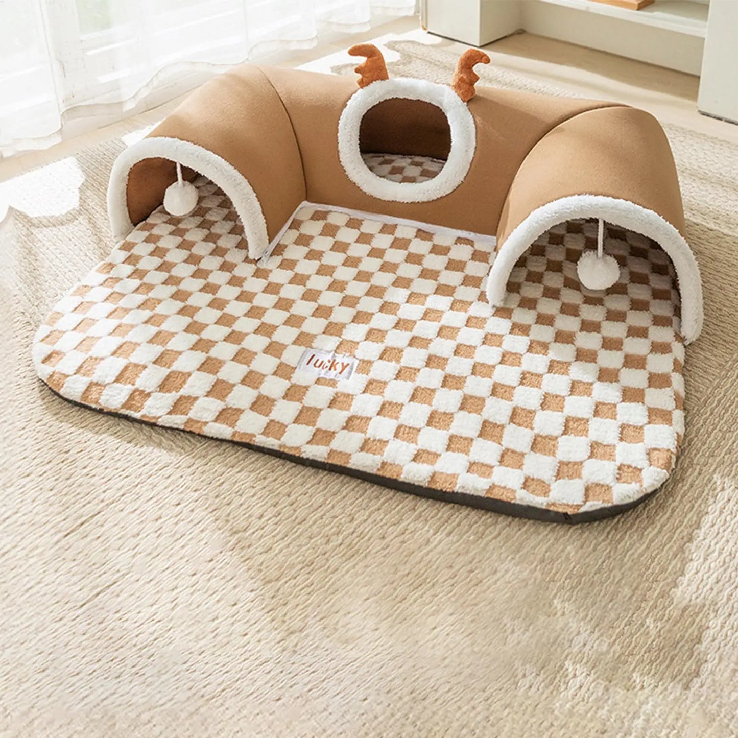 Cat Tunnel Bed House with Plush Mat for Indoor Kittens