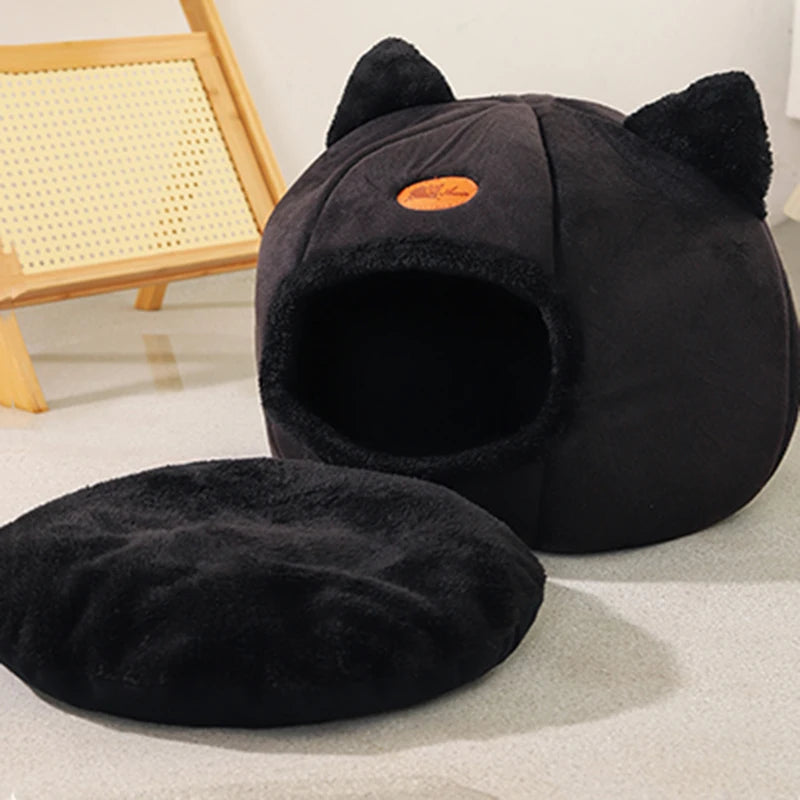 Cozy Winter Cat Cave Bed With Removable Cushion