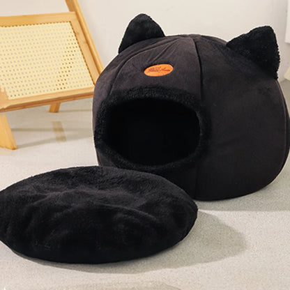 Cozy Winter Cat Cave Bed With Removable Cushion