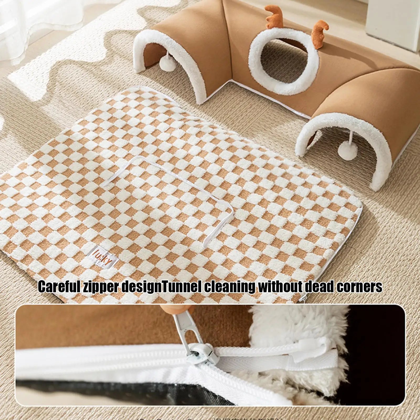 Cat Tunnel Bed House with Plush Mat for Indoor Kittens