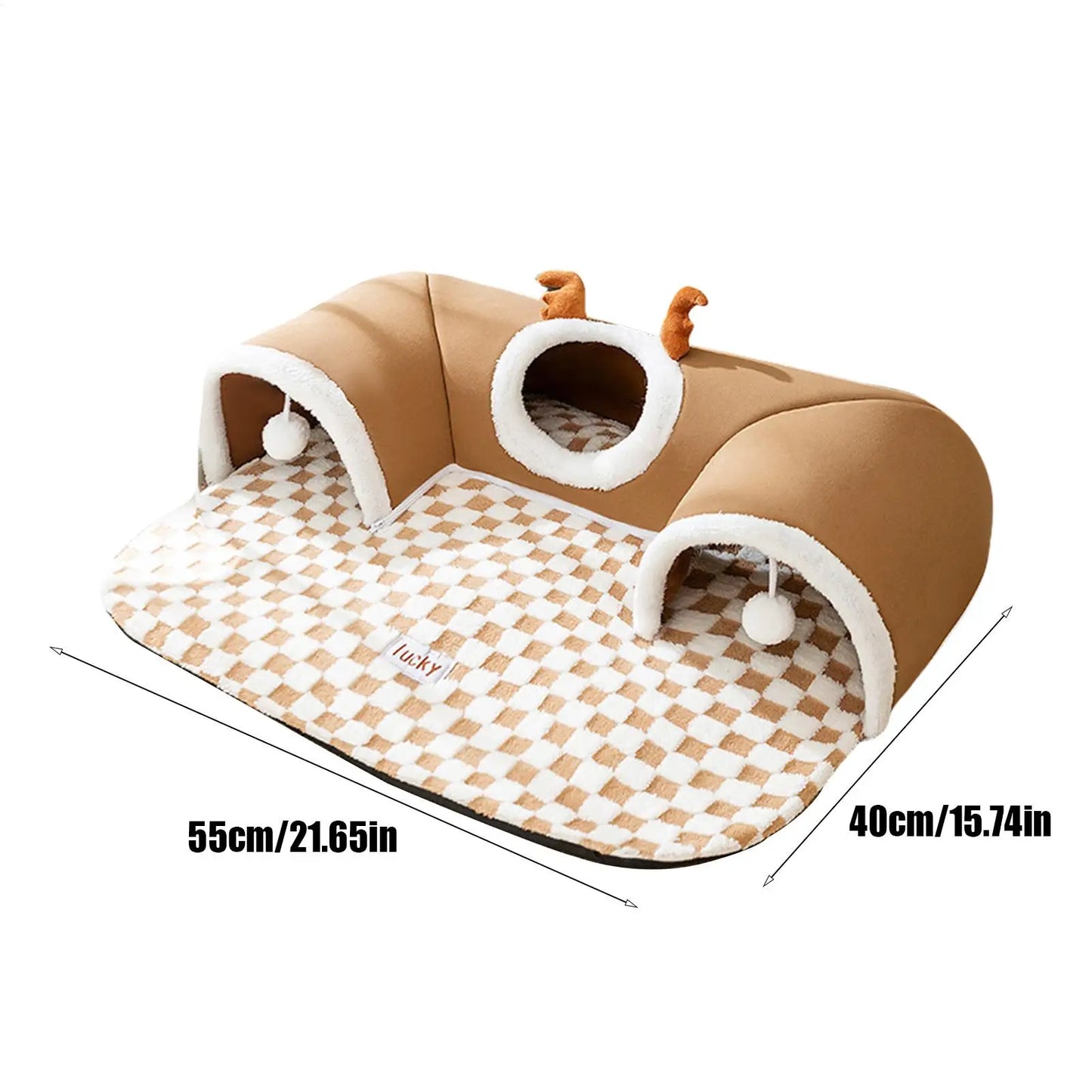 Cat Tunnel Bed House with Plush Mat for Indoor Kittens